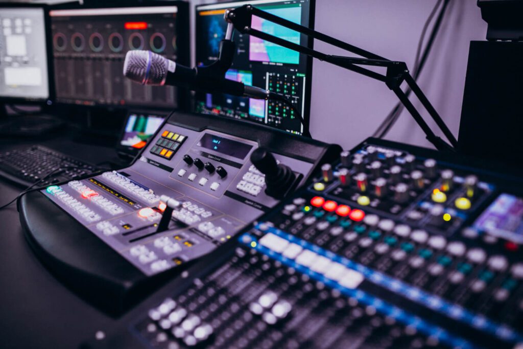 Closeup of mixing and audio equipment in Lantern Media Studio